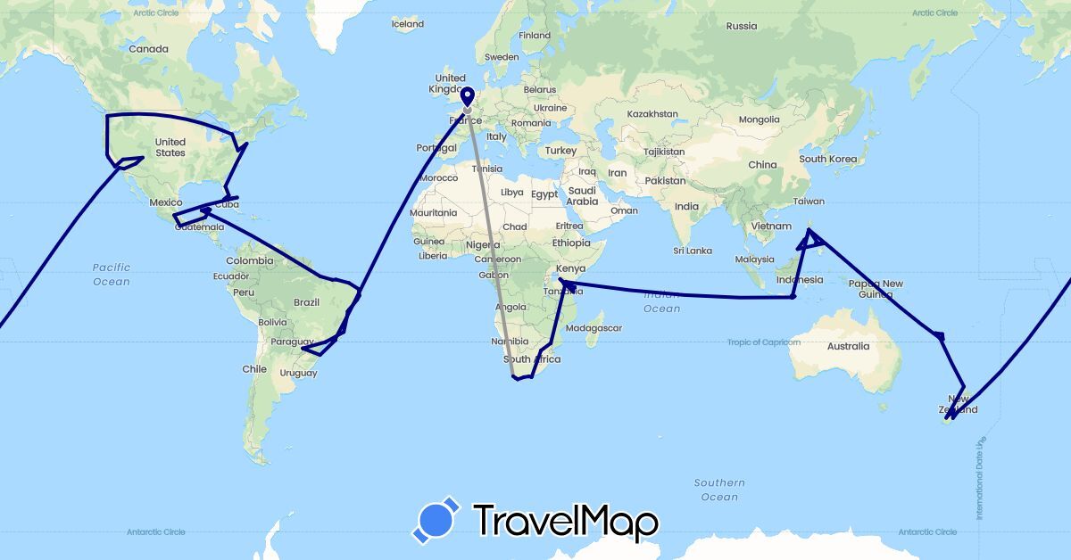 TravelMap itinerary: driving, plane in Brazil, Bahamas, Canada, France, Indonesia, Mexico, New Zealand, Philippines, Tanzania, United States, South Africa (Africa, Asia, Europe, North America, Oceania, South America)